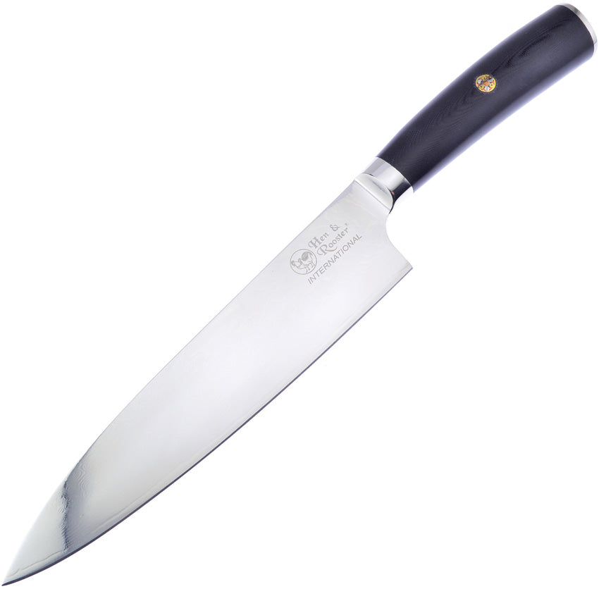 Hen & Rooster Chefs Knife with Damascus Steel Blade and Black Handle