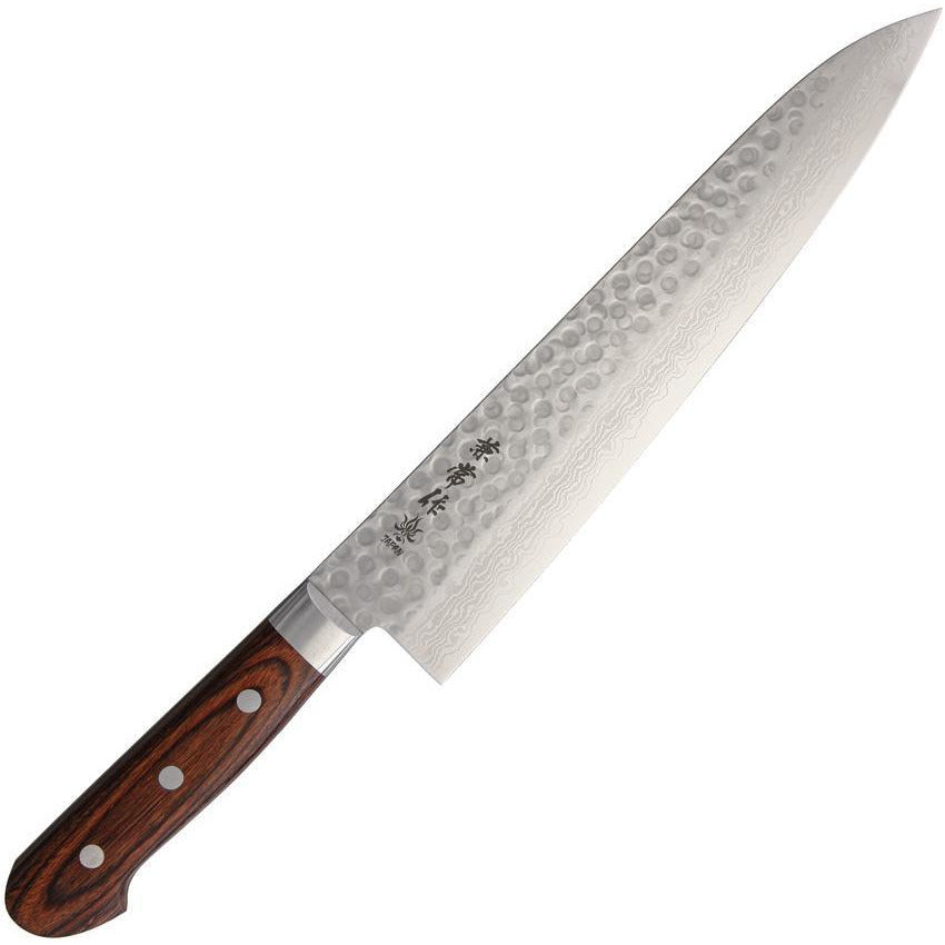 Kanetsune Gyutou Chef Knife with Damascus Steel Blade and Brown Laminated Wooden Handle