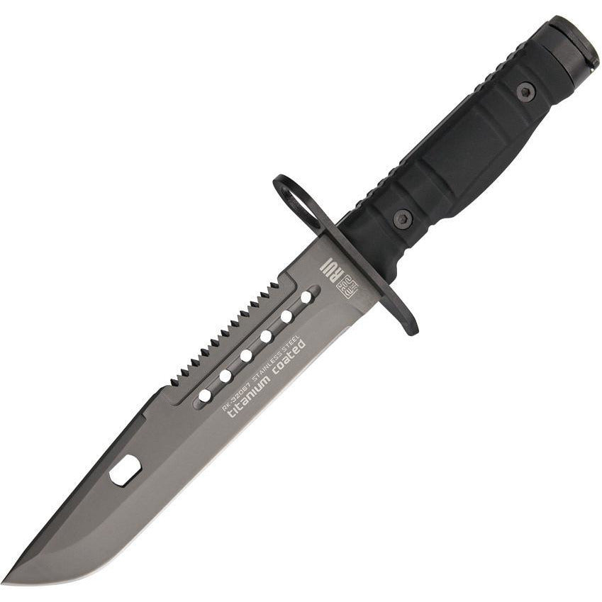 RUI Tactical 32067 Tactical Bayonet Fixed Titanium Coated Blade Knife with Black Rubberized Handle
