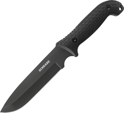Schrade Frontier fixed blade knife with 1095 steel drop point blade, textured TPE handle, lanyard hole, sheath, and ferro rod.