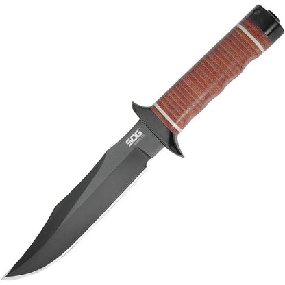 SOG S1TL Bowie 20 Black Fixed Blade Knife Stacked Leather Handles
